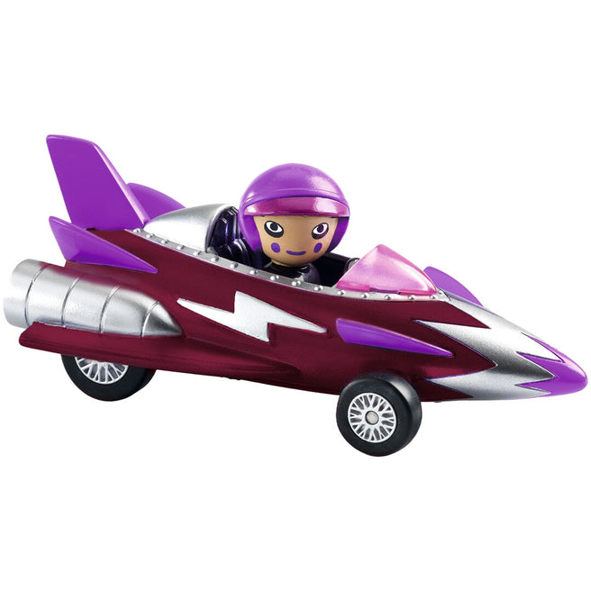 Djeco Crazy Motors speelgoed raceauto Miss Burgundy, paars en zilver, met een figuur in een paarse helm.