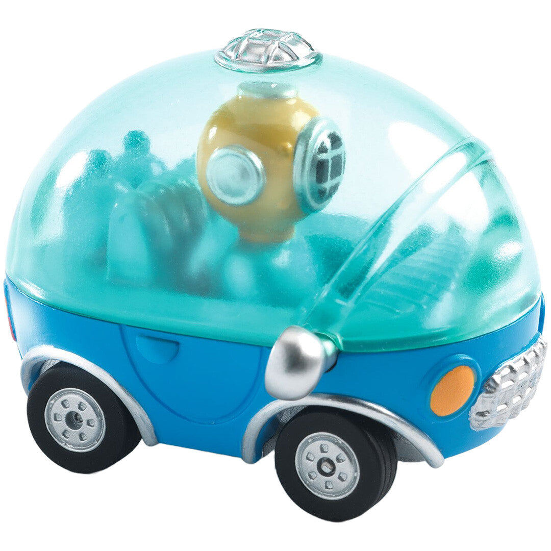 Djeco Nauti Bubble speelgoedauto met blauwe carrosserie en een duiker in een transparante koepel.