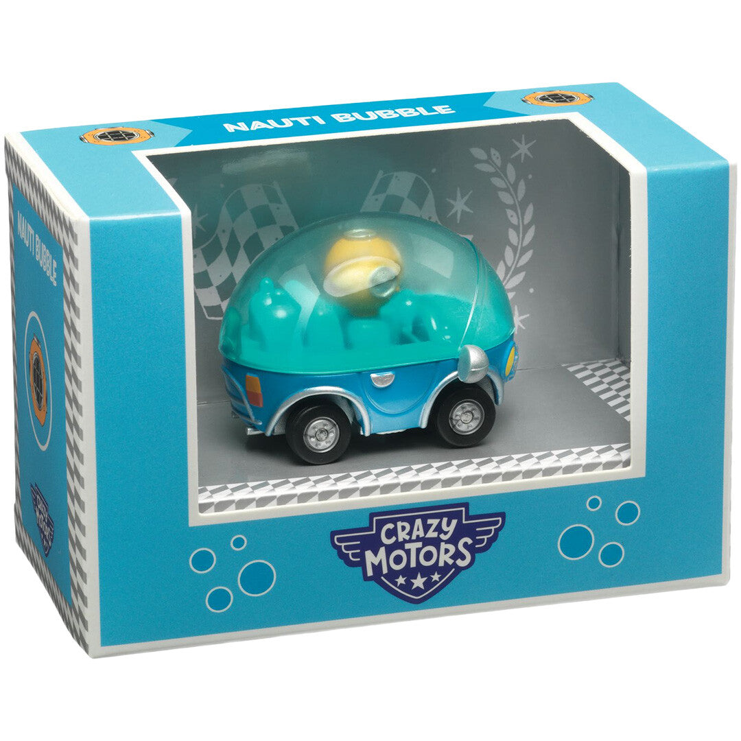 Djeco Nauti Bubble speelgoedauto in de blauwe en witte verpakking.
