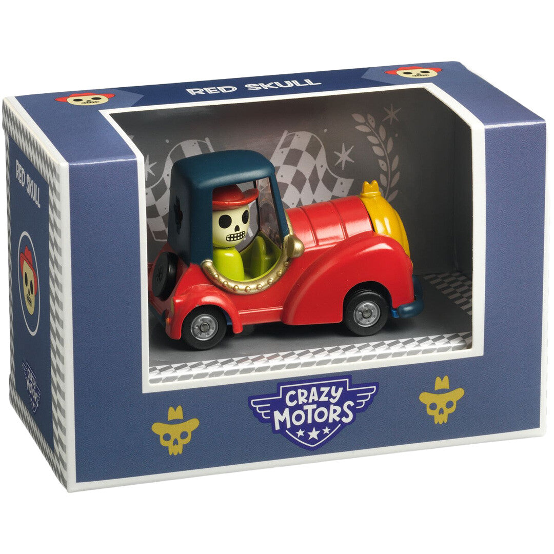 Verpakking van de Djeco speelgoedauto 'Red Skull' met de rode auto zichtbaar.