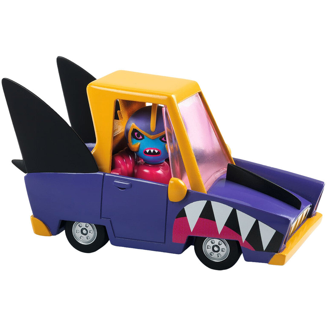 Djeco Crazy Motors speelgoedauto Shark N'Go, een paarse auto met gele kap en een monsterfiguur achter het stuur.
