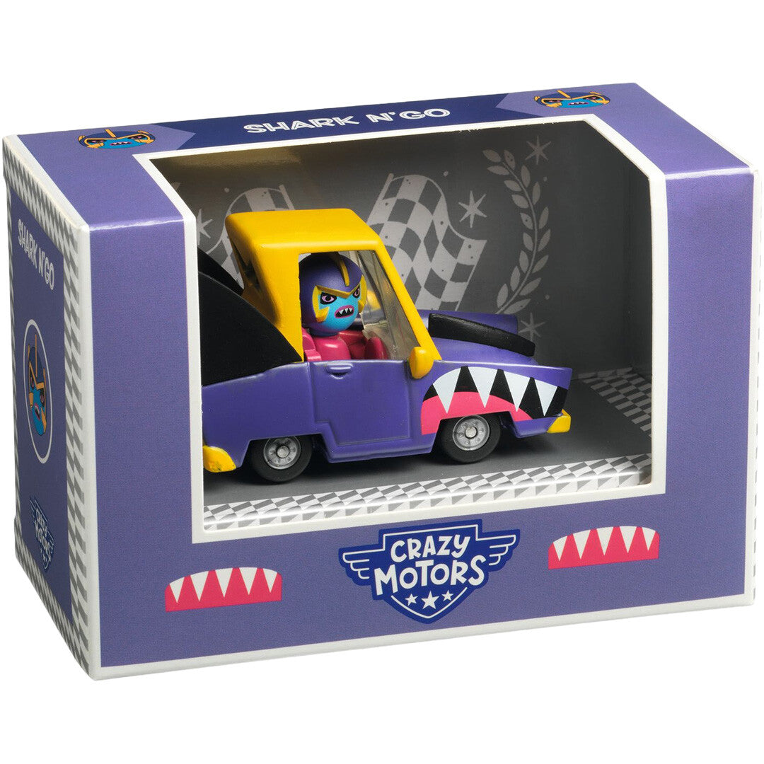 De Djeco Crazy Motors speelgoedauto Shark N'Go in de paarse productverpakking.
