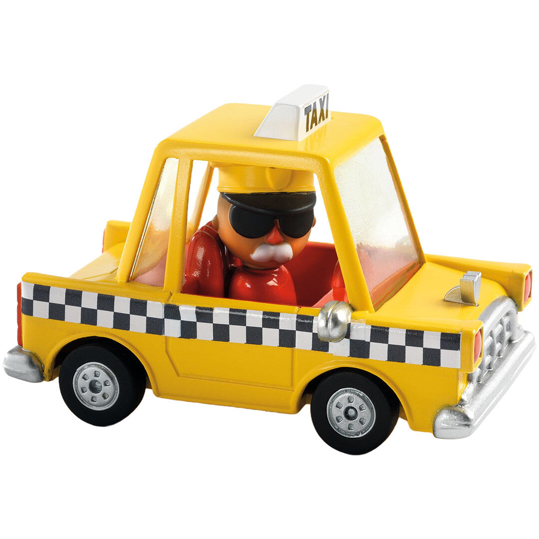 Djeco gele speelgoedauto taxi met chauffeur.