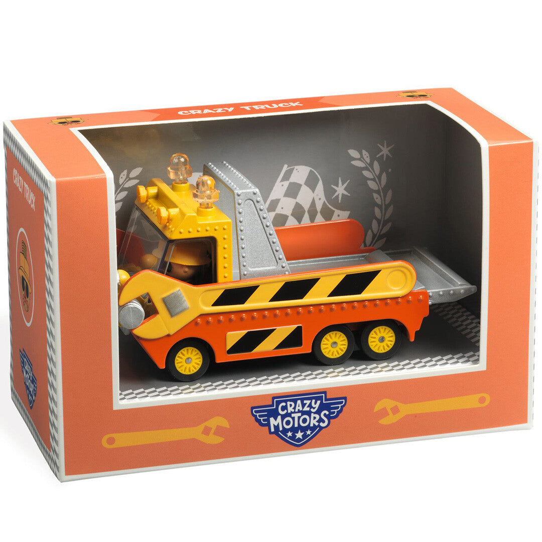 De Djeco Crazy Motors sleepwagen in de oranje en witte productverpakking.