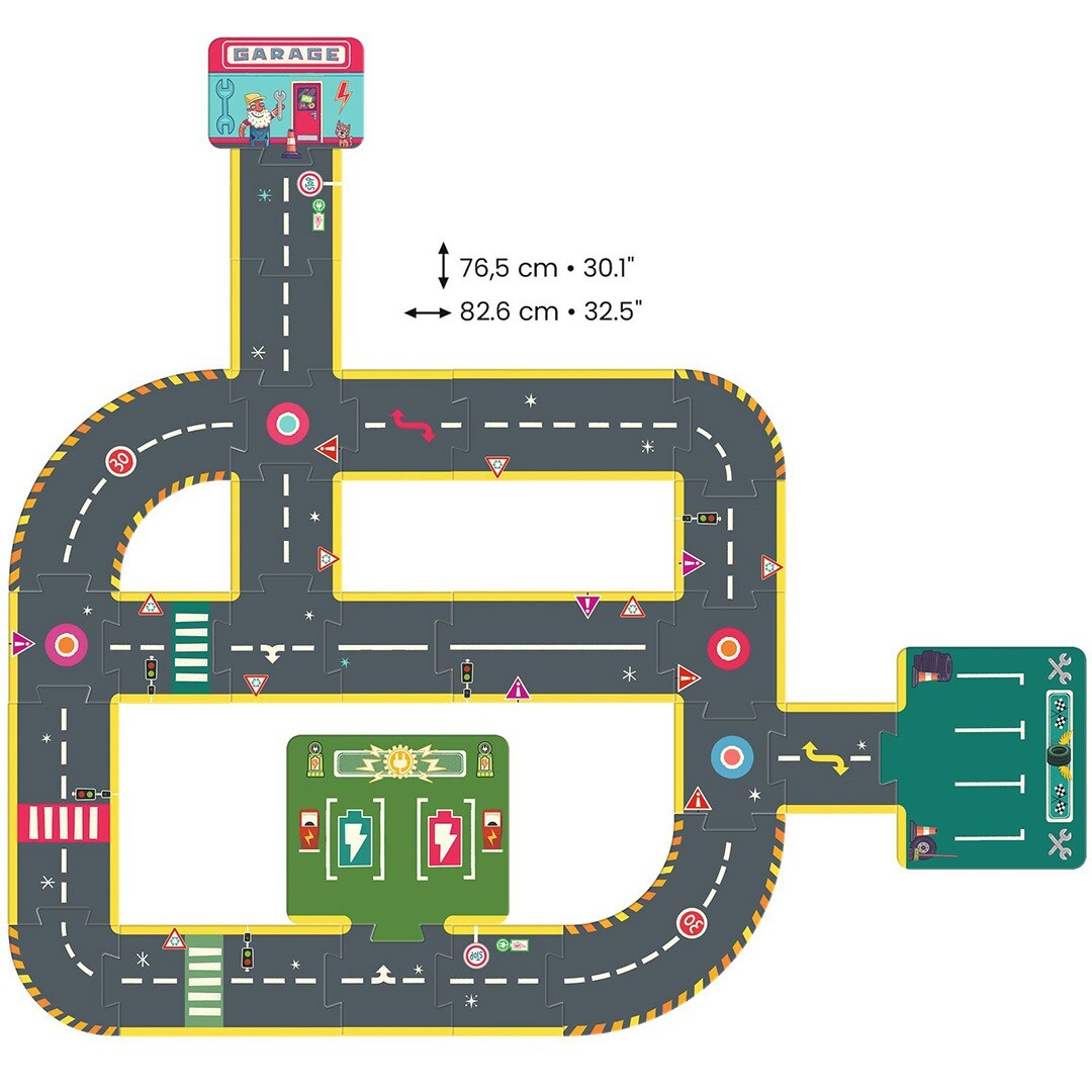 Een volledig gelegde Djeco Crazy Motors vloerpuzzel autoweg in een specifieke configuratie met afmetingen.