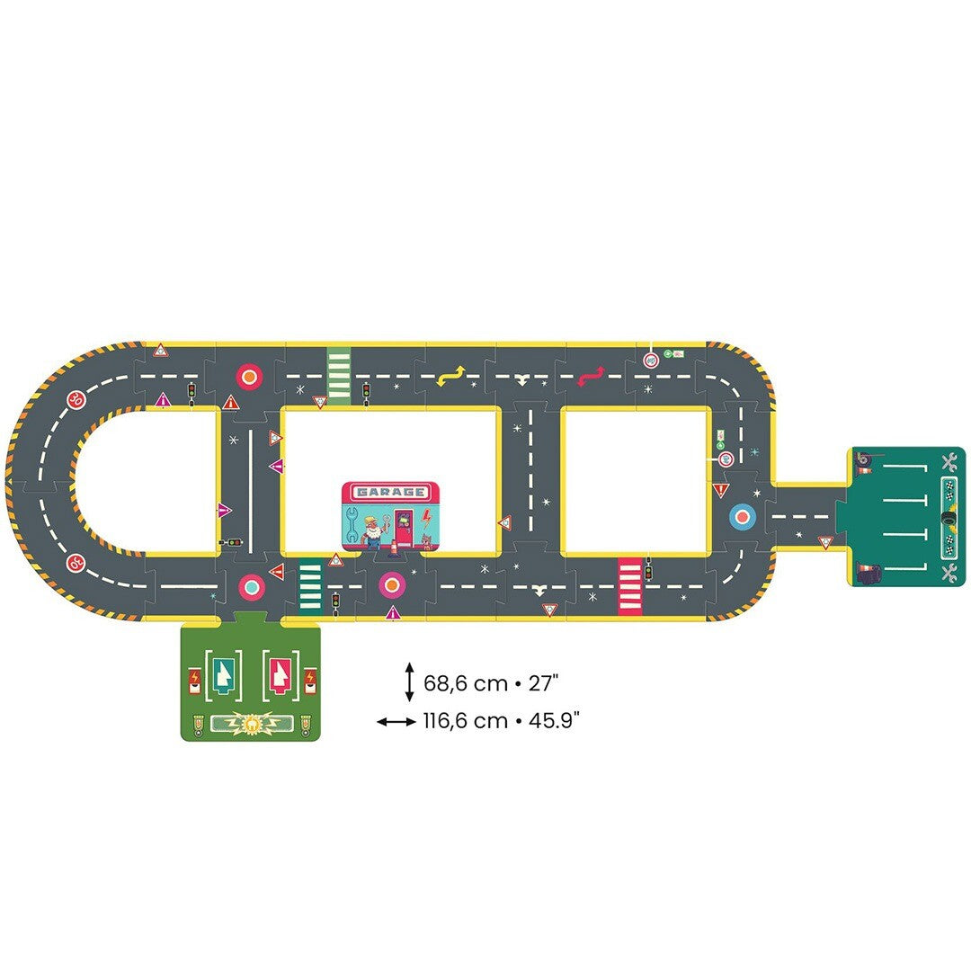 Een andere configuratie van de Djeco Crazy Motors vloerpuzzel autoweg met afmetingen.