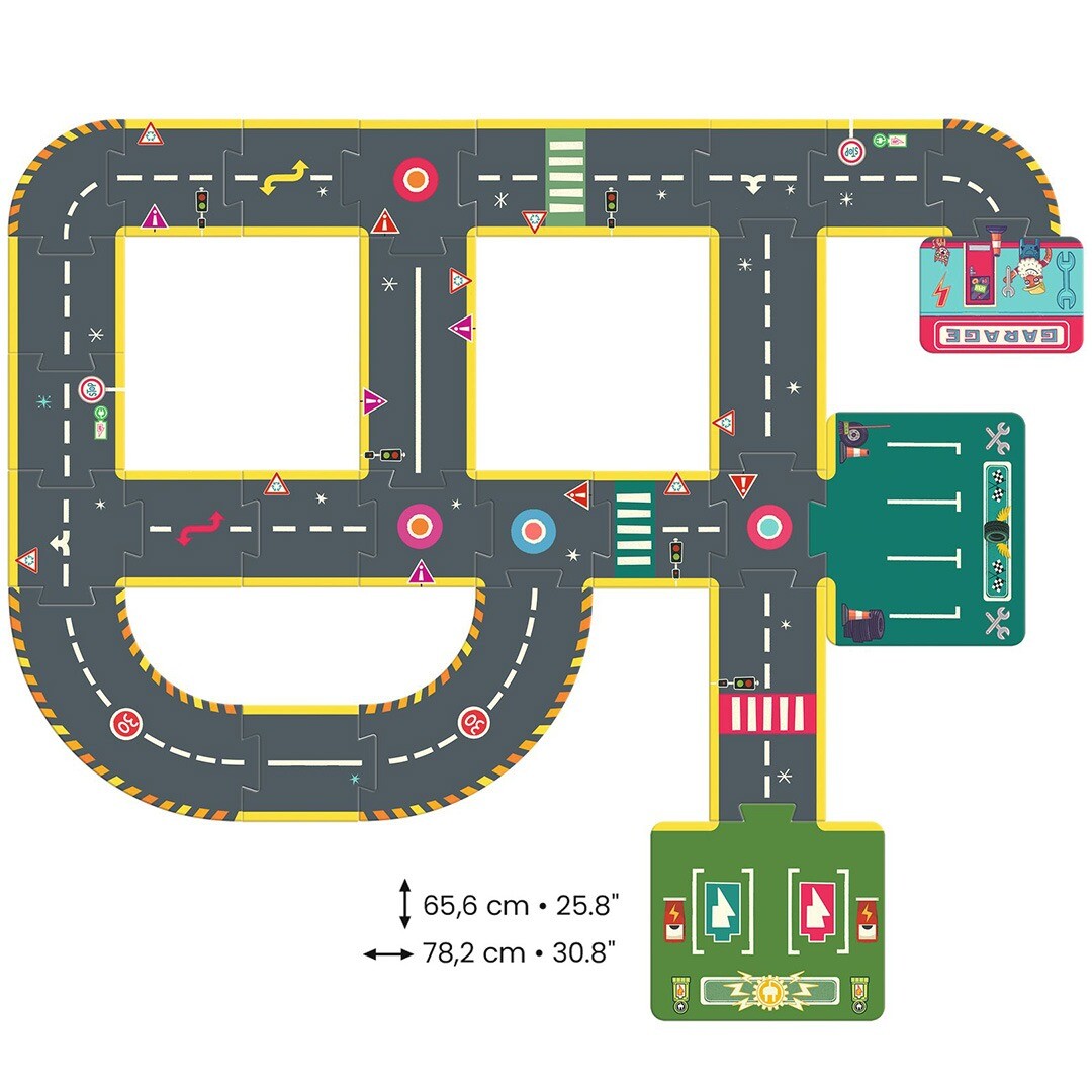 Een derde voorbeeld van een gelegde Djeco Crazy Motors vloerpuzzel autoweg met afmetingen.