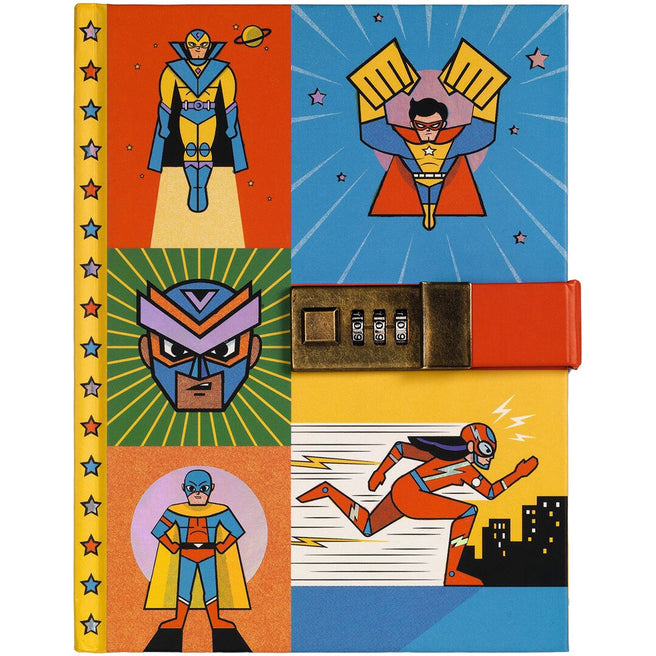 Djeco dagboek met cijferslot en superheldenillustraties op de voorkant.