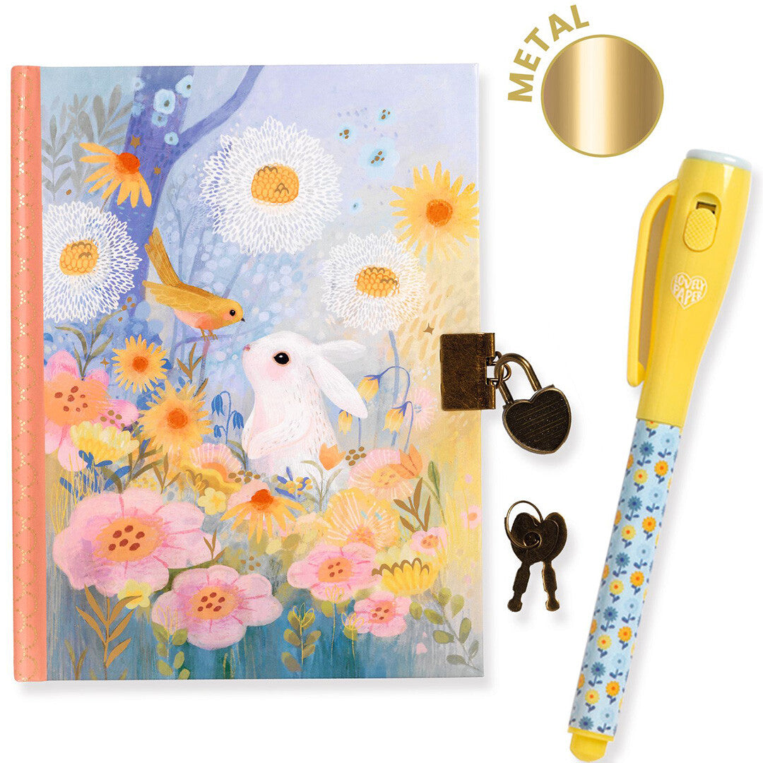 Djeco dagboek met konijn en bloemen, een hartvormig slotje en een gele magische pen.