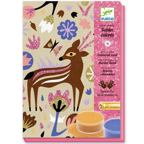 Djeco gekleurd zand hobbyset verpakking met een hert en bloemen in glitterstijl.