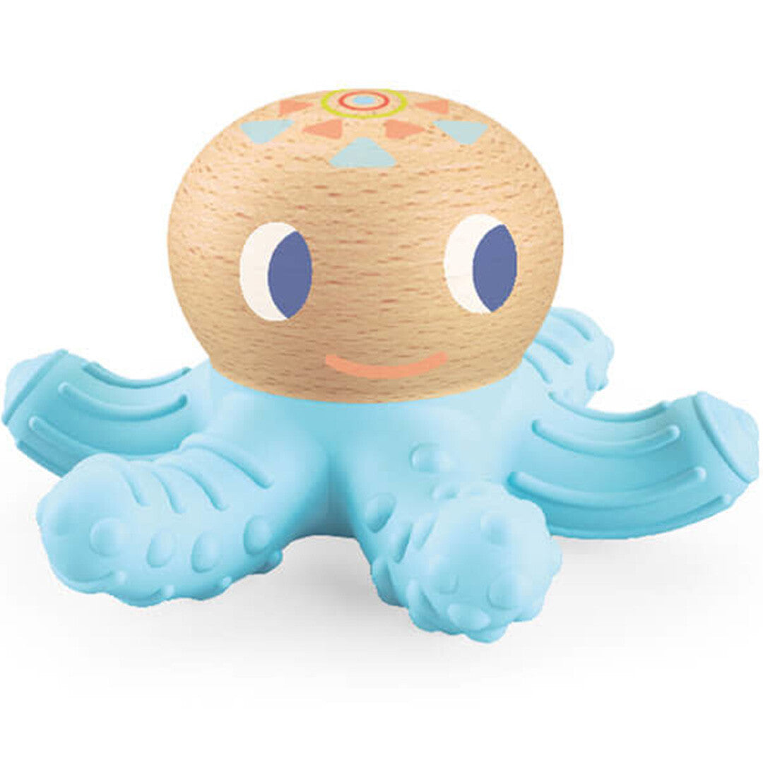 Djeco babyspeelgoed: een blauwe octopus bijtspeeltje met een houten hoofd en siliconen tentakels.