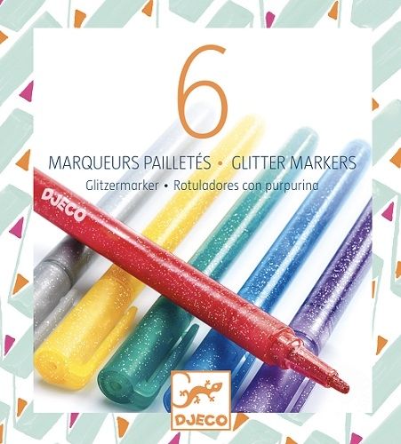 Verpakking van Djeco glitterstiften met zes veelkleurige stiften en productinformatie.