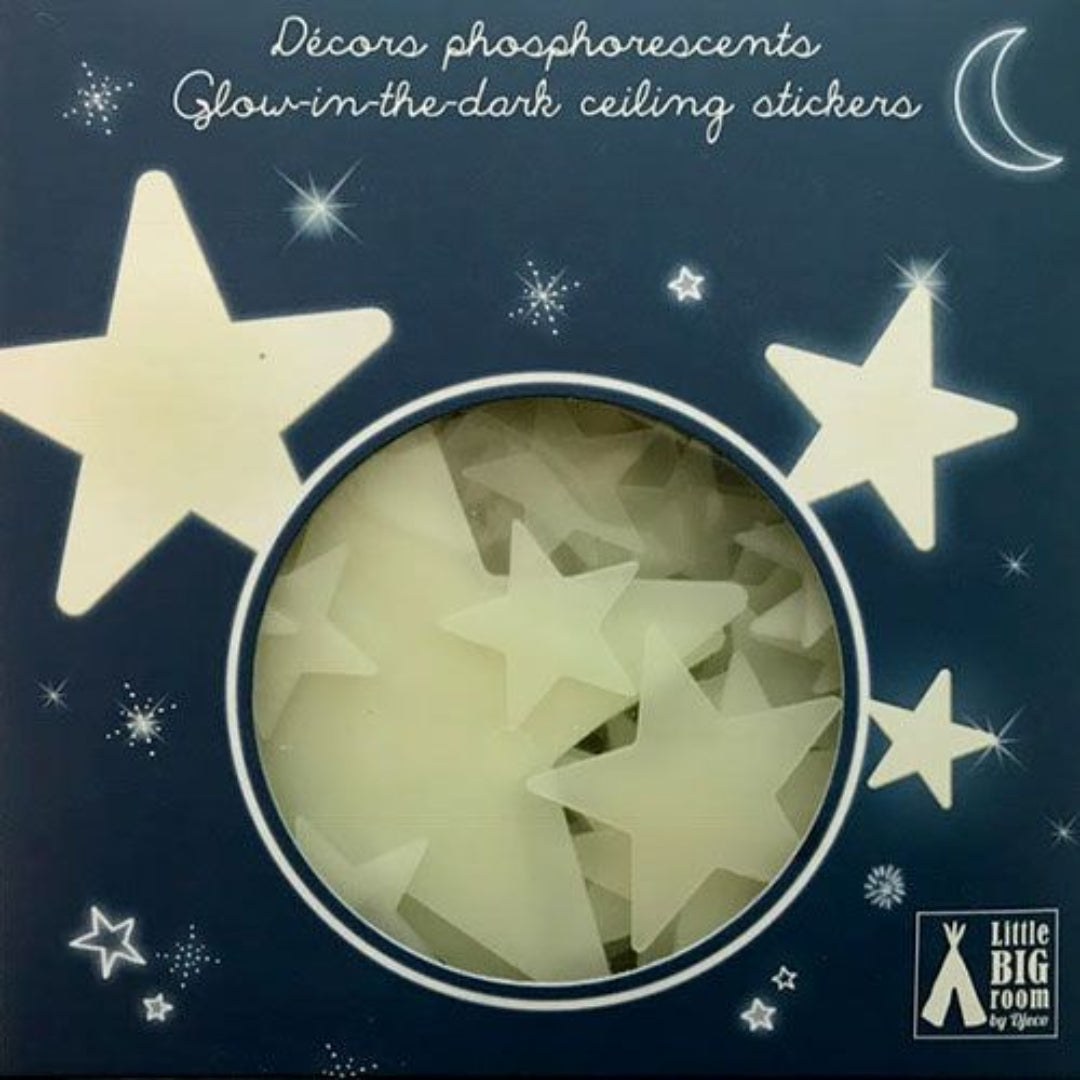 Verpakking van Djeco glow-in-the-dark sterren decoratiestickers met een maan en sterren.