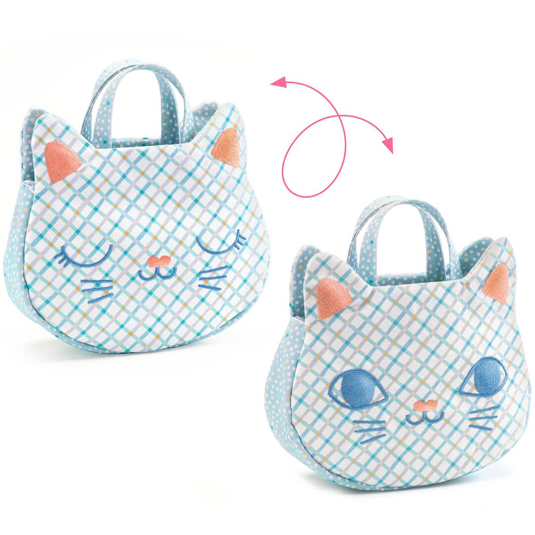 Djeco speelgoed kattenhandtas met open en gesloten ogen, wat de twee gezichtsuitdrukkingen toont.