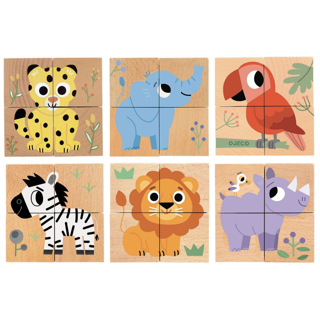 Zes complete Djeco houten blokpuzzels met safari dieren zoals een luipaard, olifant en zebra.