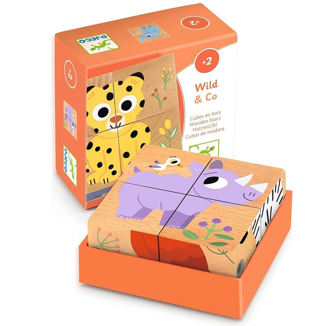 De Djeco houten blokpuzzel 'Wild & Co' in de oranje verpakking, met een neushoorn puzzel deels zichtbaar.