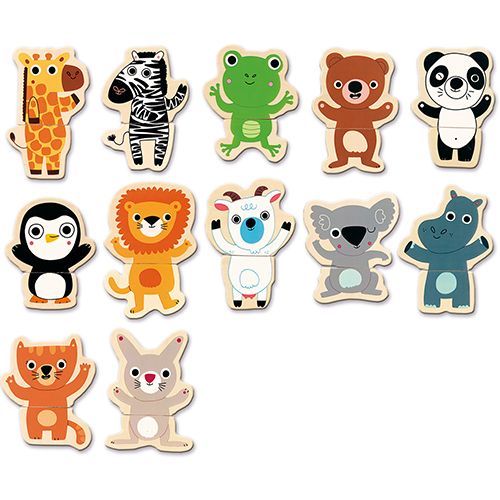 Elf Djeco houten magneten dierenpuzzels, waaronder een giraffe, zebra, kikker en panda.