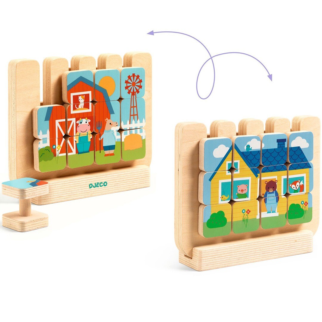 Twee Djeco houten puzzels naast elkaar, één met een boerderijthema en één met een huisthema met dieren.
