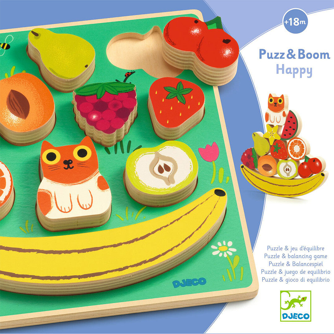 Detail van de Djeco verpakking met de houten fruitpuzzel en een afbeelding van het balanceerspel.