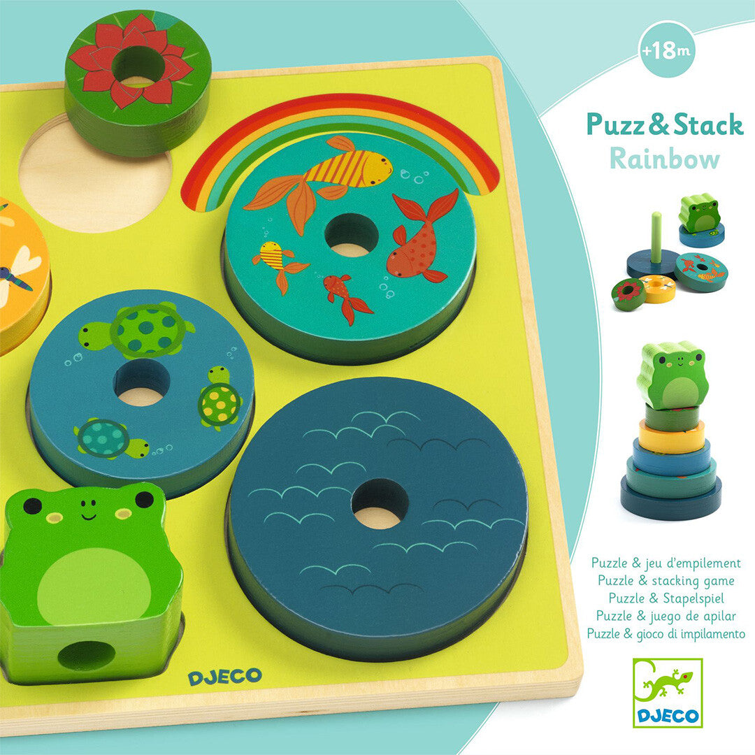 Djeco houten puzzel en stapeltoren 'Rainbow' met kikker, vissen en schildpadden, deels op de groene basis en deels als stapeltoren in een infographic.