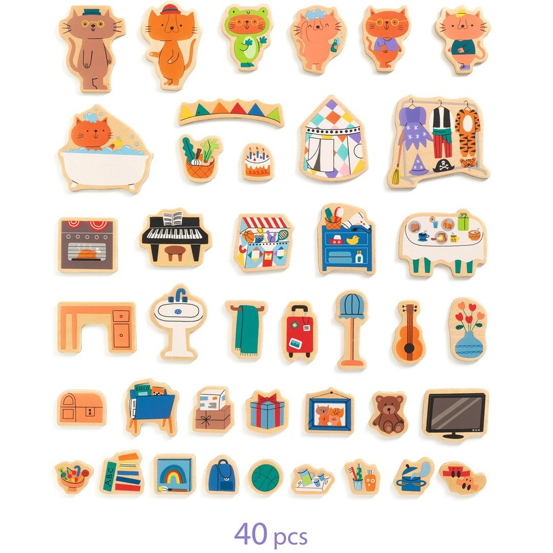 Alle 40 magnetische speelstukken van het Djeco Inzebox InZeHouse spel, waaronder katten, meubels en accessoires.