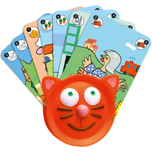 Djeco oranje katten kaarthouder voor peuters met speelkaarten met figuren.