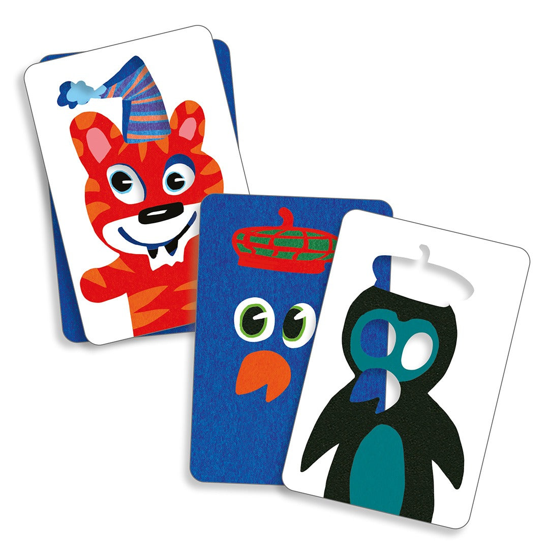 Drie speelkaarten van het Magic Match kaartspel met illustraties van een tijger, een vogel en een pinguïn.