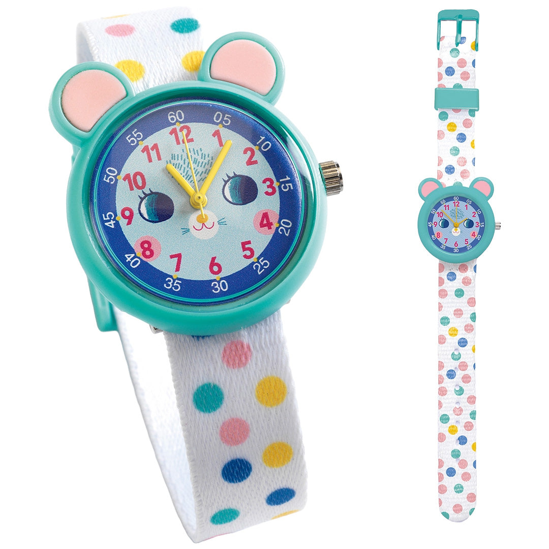 Djeco kinderhorloge met muisgezicht en stippenband, schuin gefotografeerd met een kleinere weergave ernaast.