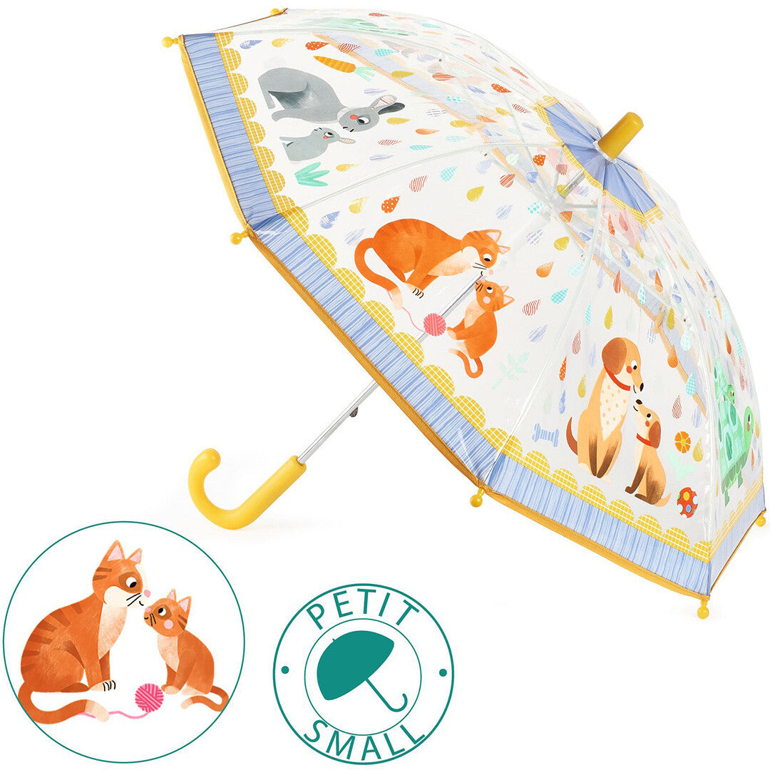 Djeco transparante kinderparaplu met dierenillustraties, inclusief ronde details van de katten en het merklogo.