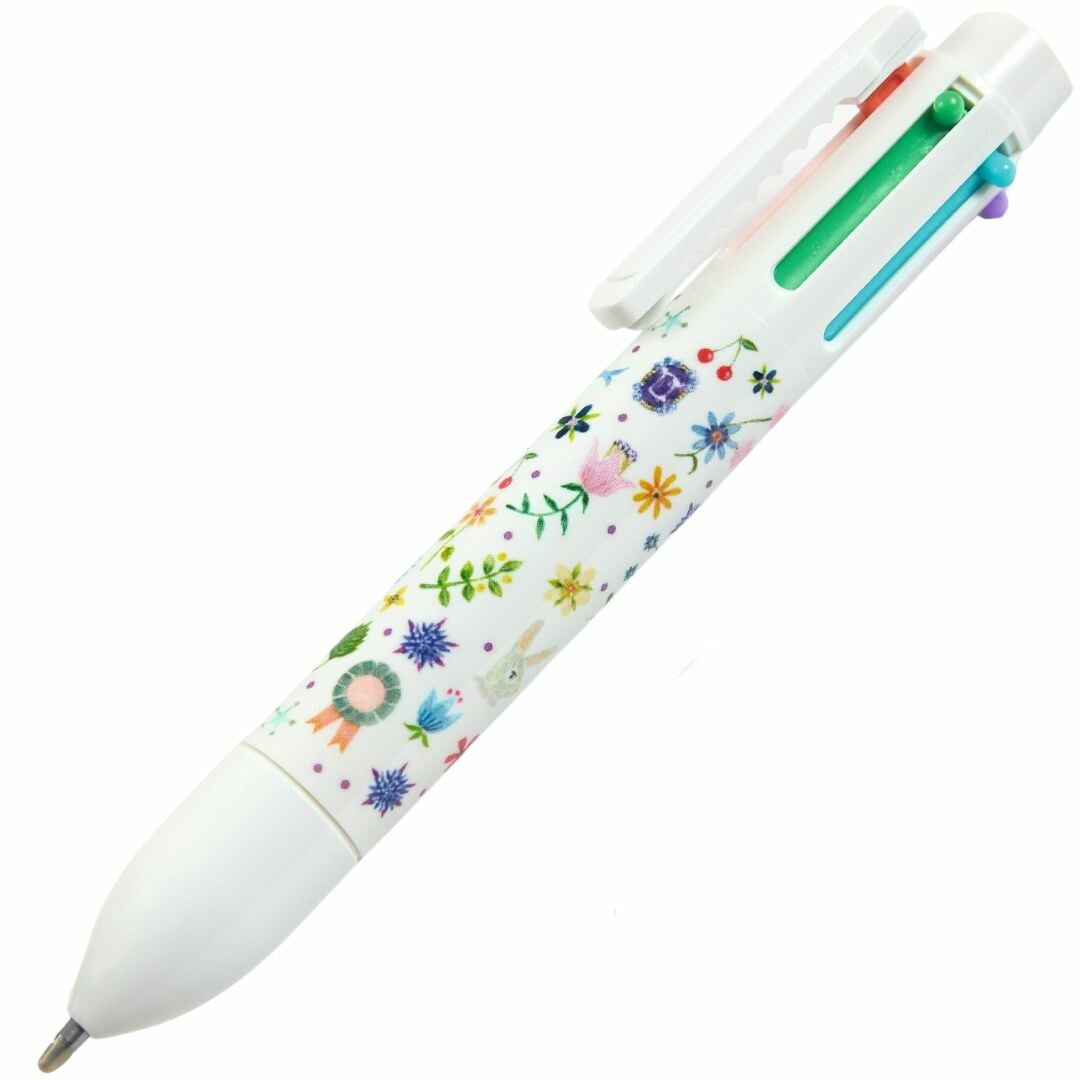 Djeco 6-in-1 kleurenpen met een wit omhulsel en een kleurrijk bloemen- en dierenpatroon.