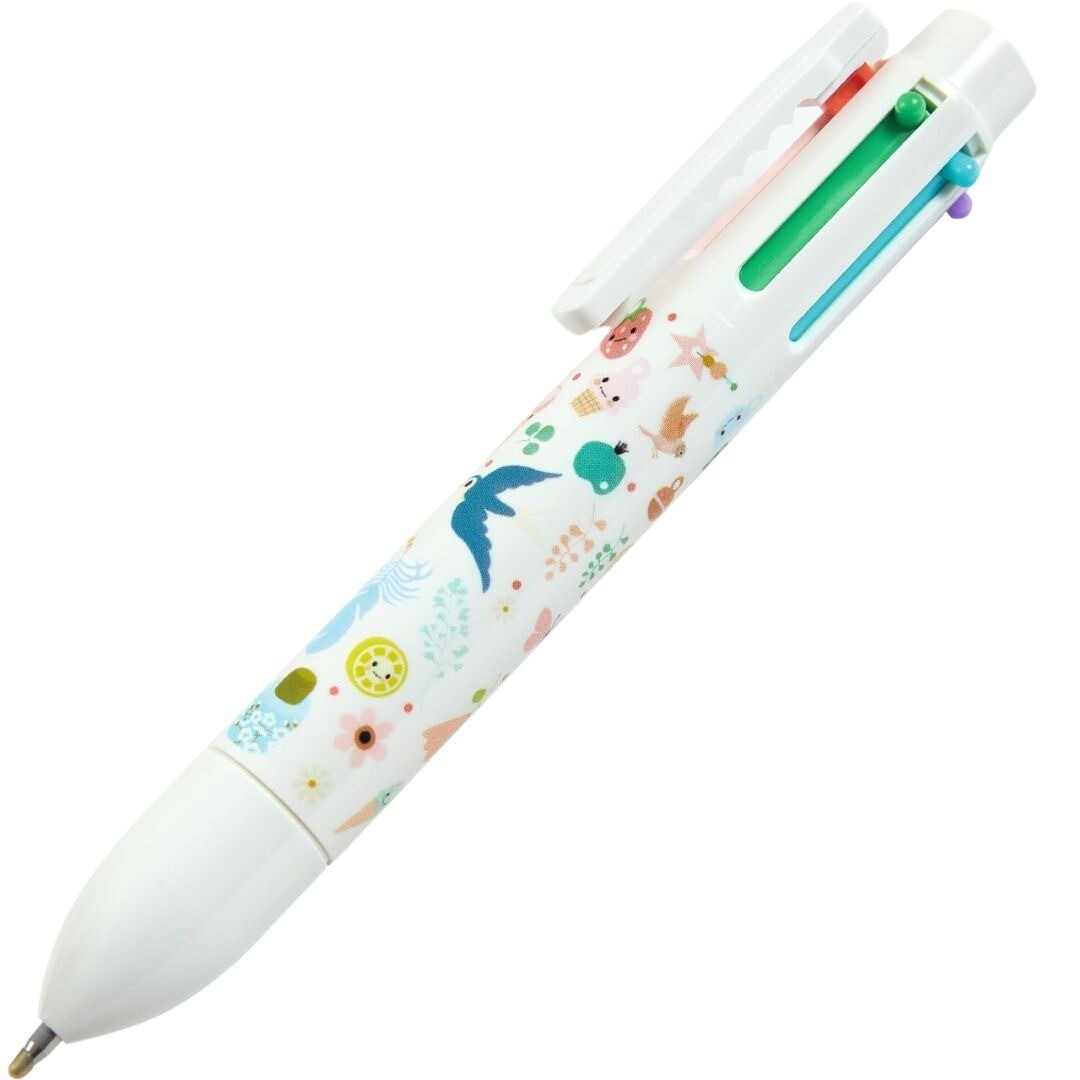 Djeco 6-in-1 kleurenpen met een wit omhulsel en een patroon van dieren en bloemen.