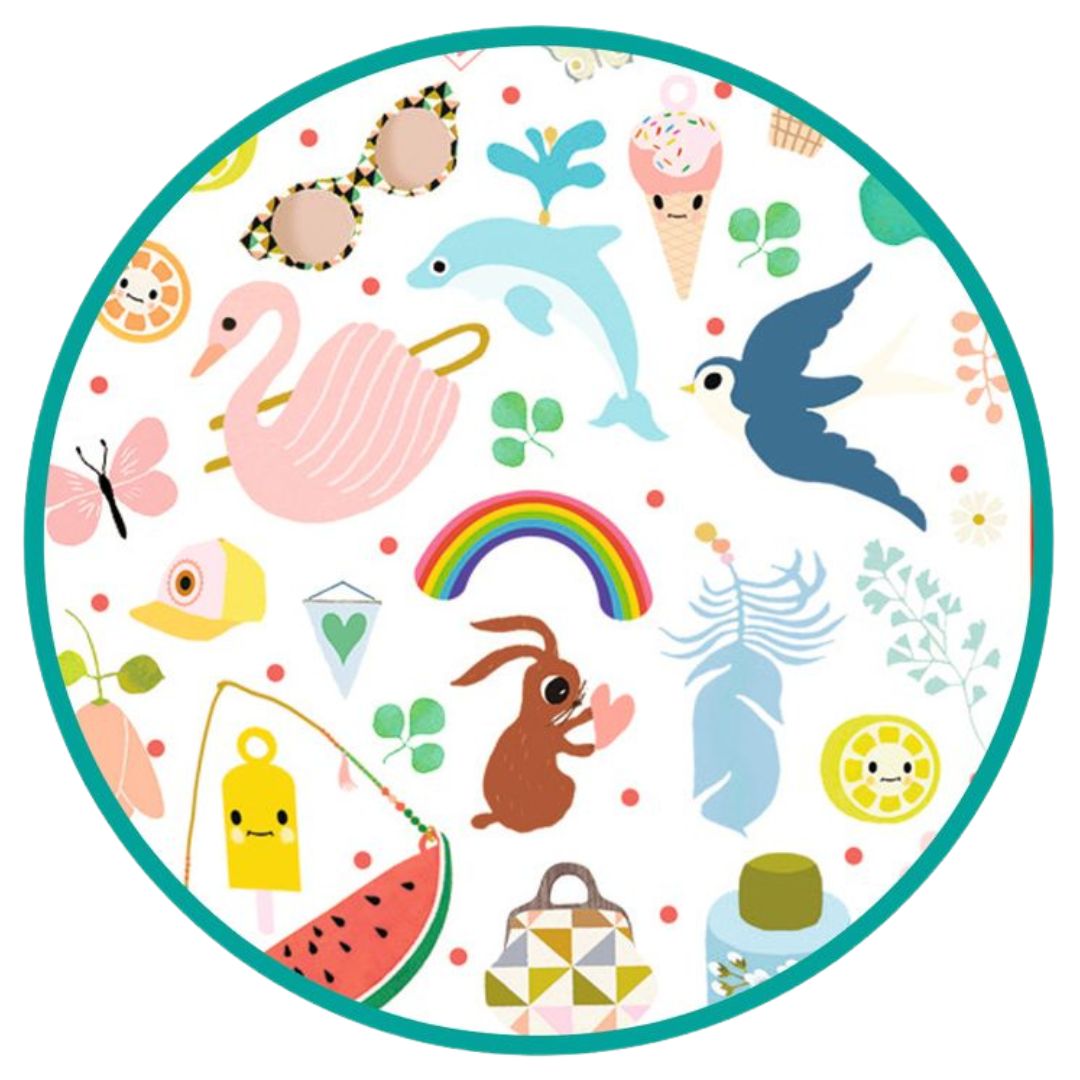 Detail van de Djeco 6-in-1 kleurenpen met een ronde illustratie van dieren, figuren en een regenboog.