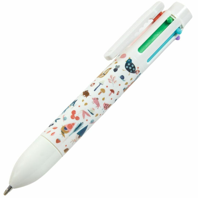 Djeco multifunctionele balpen met een wit omhulsel en een patroon van bosdieren en paddenstoelen.