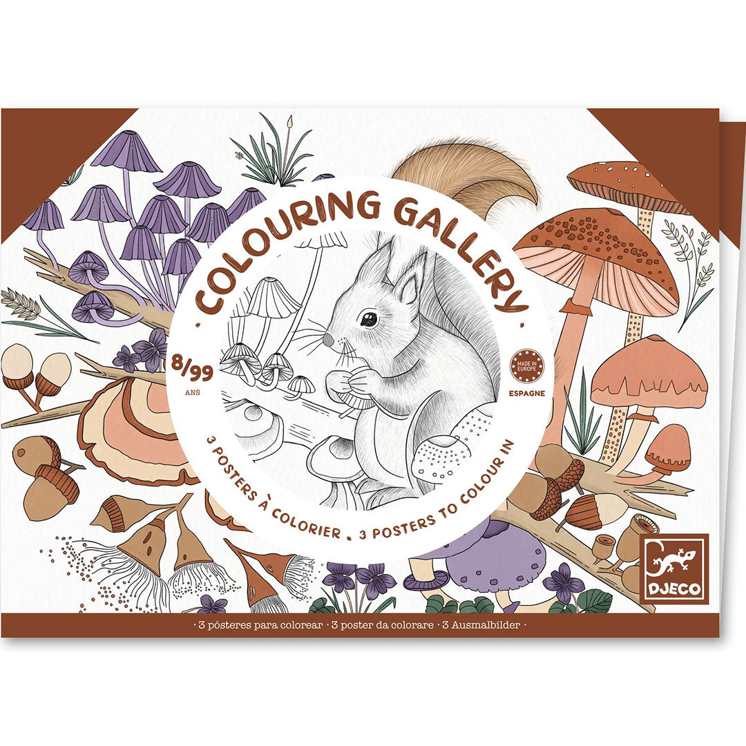 De voorkant van de Djeco Colouring Gallery verpakking met een illustratie van een eekhoorn tussen paddenstoelen en bladeren.