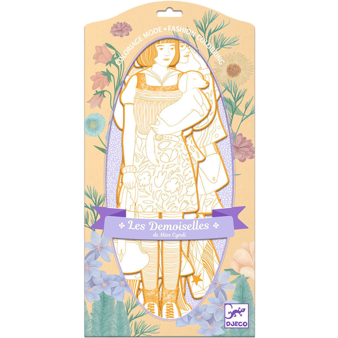 Verpakking van de Djeco mode kleurplaten set 'Les Demoiselles' met twee meisjesfiguren en bloemen.