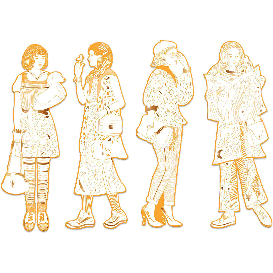 Vier verschillende Djeco mode kleurplaten van meisjes in diverse outfits, allemaal in goudkleurige outline.