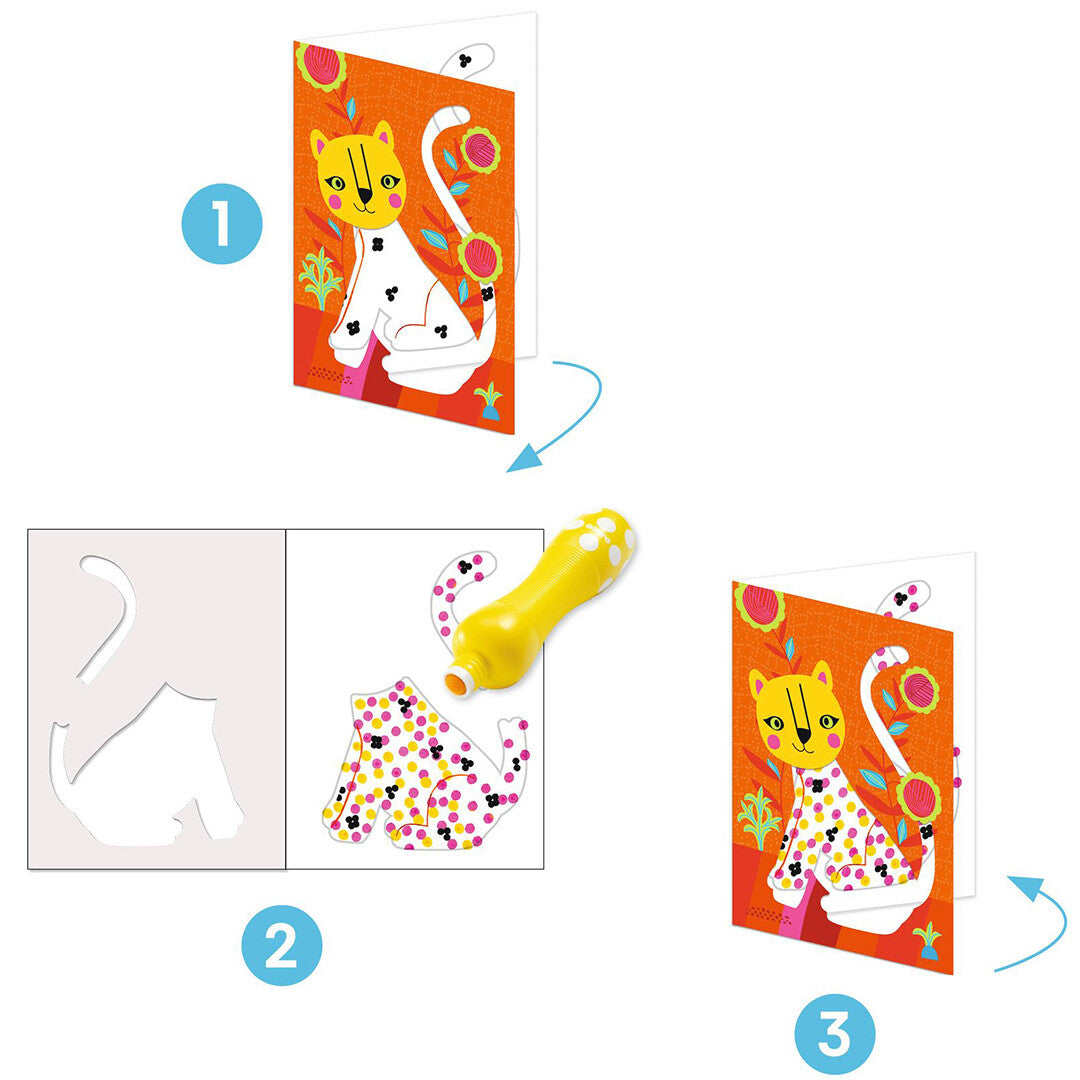 Infographic met instructies voor de Djeco kleurset, waarbij een luipaard met stippen wordt ingekleurd met een stencil en verf.