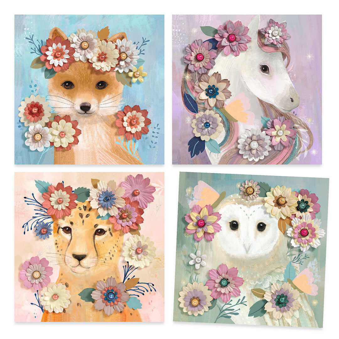 Vier voltooide 3D schilderijen van de knutselset met een vos, eenhoorn, cheetah en uil versierd met bloemen.