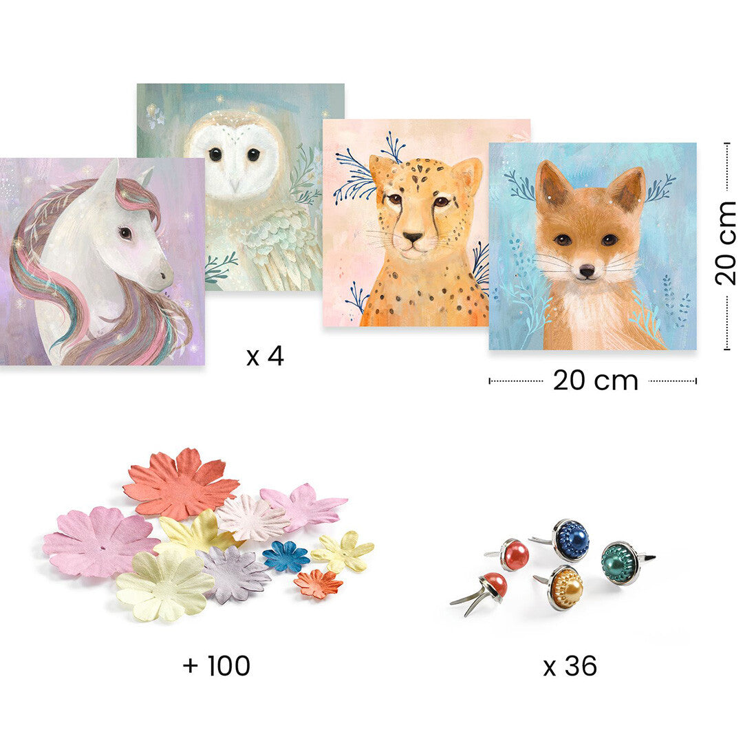 Infographic van de Djeco knutselset met vier dierenafbeeldingen, 100 papieren bloemen en 36 metalen brads.