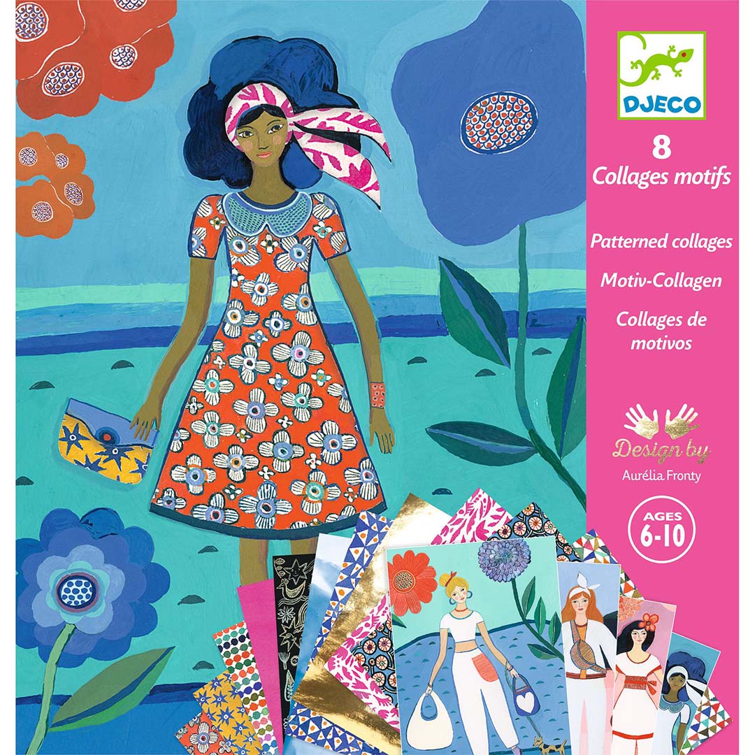 Djeco knutselset aankleden wax trend verpakking met een illustratie van een vrouw in een bloemenjurk en de titel '8 Collages motifs'.