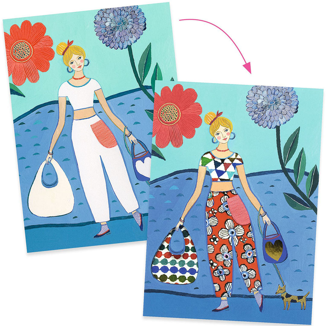 Demonstratie van de Djeco knutselset met twee illustraties van een vrouw, één in effen kleding en één met toegevoegde bloemige en geometrische patronen.