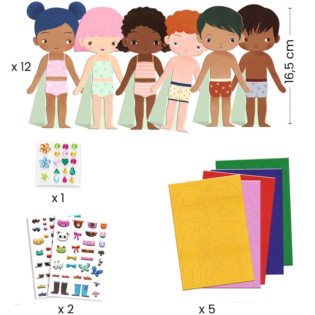 Infographic van de Djeco knutselset aankleedpoppen vilt met de inhoud en afmetingen van de poppen.