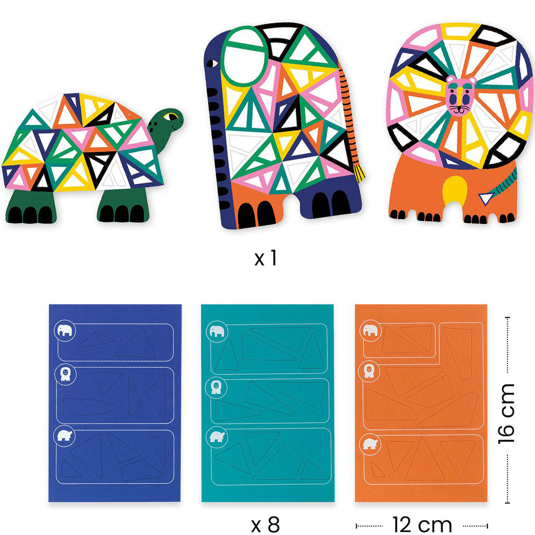 Een infographic van de Djeco mozaïekset met de drie dieren en de bijbehorende vellen met mozaïekvormen.