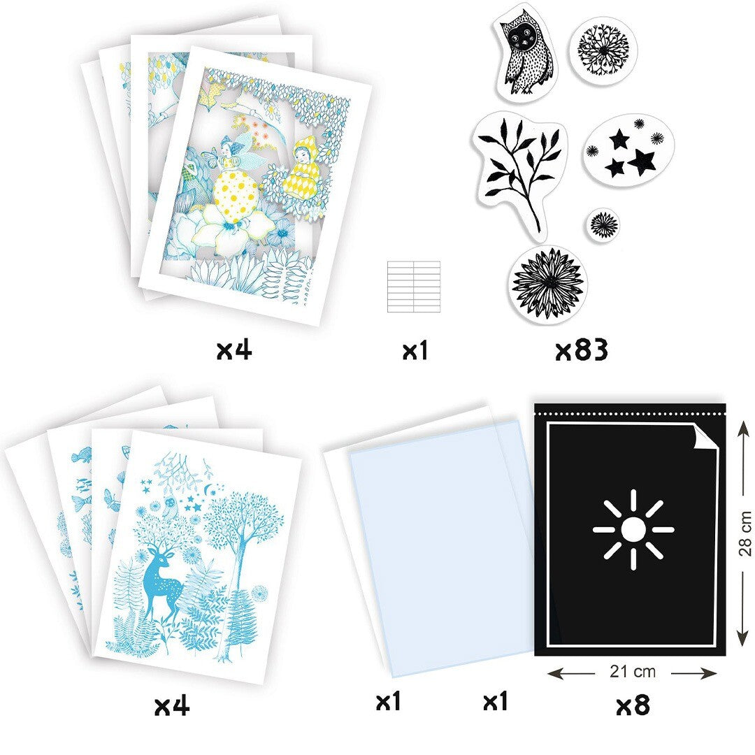Infographic met een overzicht van alle onderdelen van de Djeco cyanotype knutselset, inclusief stencils, vellen en frames.