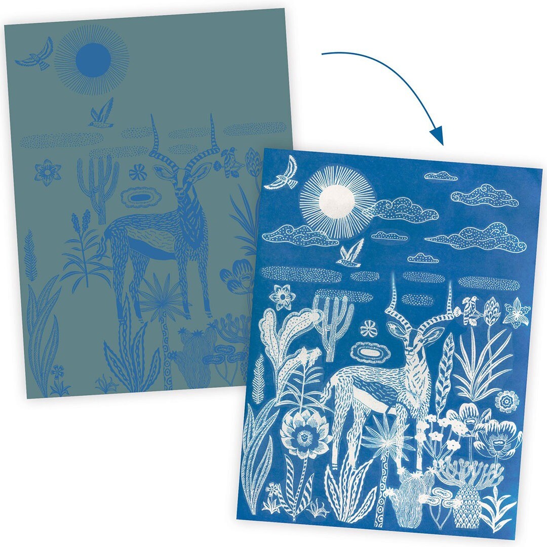Demonstratie van het cyanotype proces met een grijsblauwe en een felblauwe afdruk van een savanneontwerp.