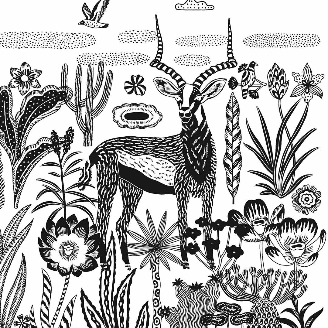 Gedetailleerde zwart-wit tekening van een hert tussen savanneplanten en vogels.