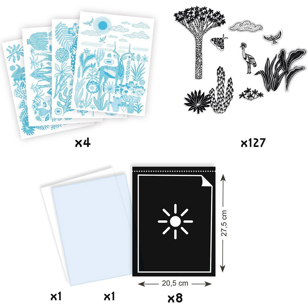 Infographic met de inhoud van de Djeco cyanotype hobbyset, inclusief vellen, sjablonen en afmetingen.