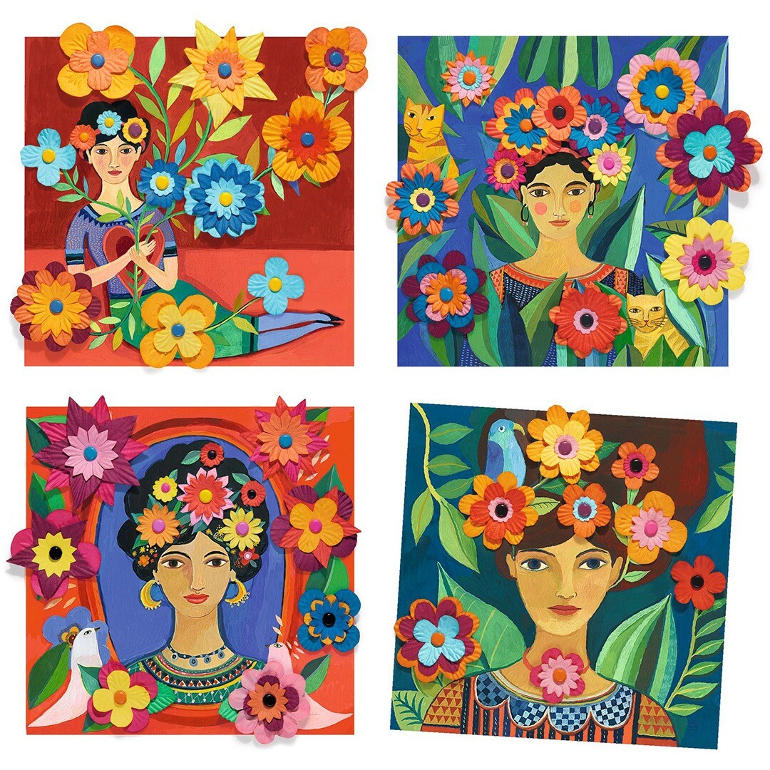 Vier voltooide voorbeelden van de Djeco knutselset met kleurrijke vrouwenportretten versierd met bloemen.