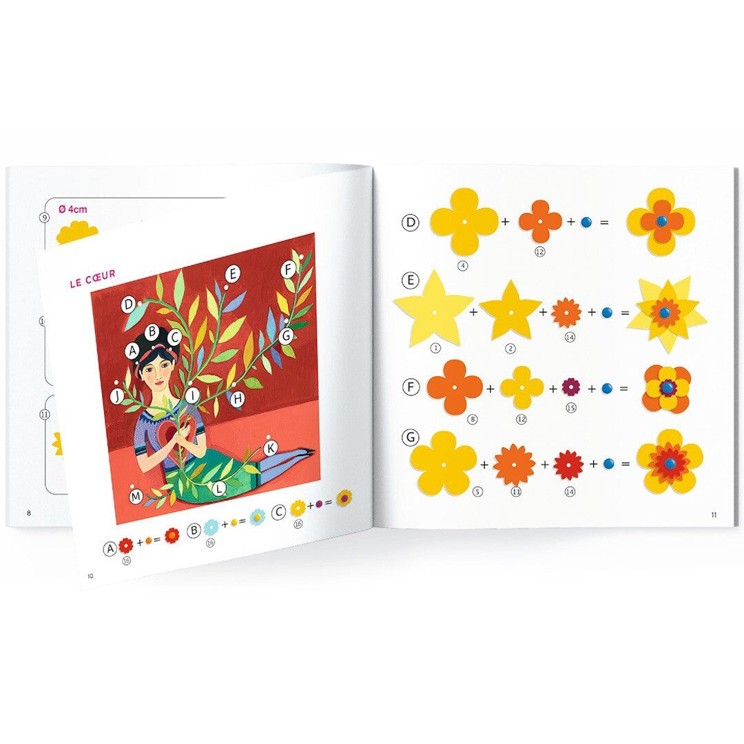 Een open instructieboekje van de Djeco knutselset met stapsgewijze uitleg voor het maken van bloemcollages.