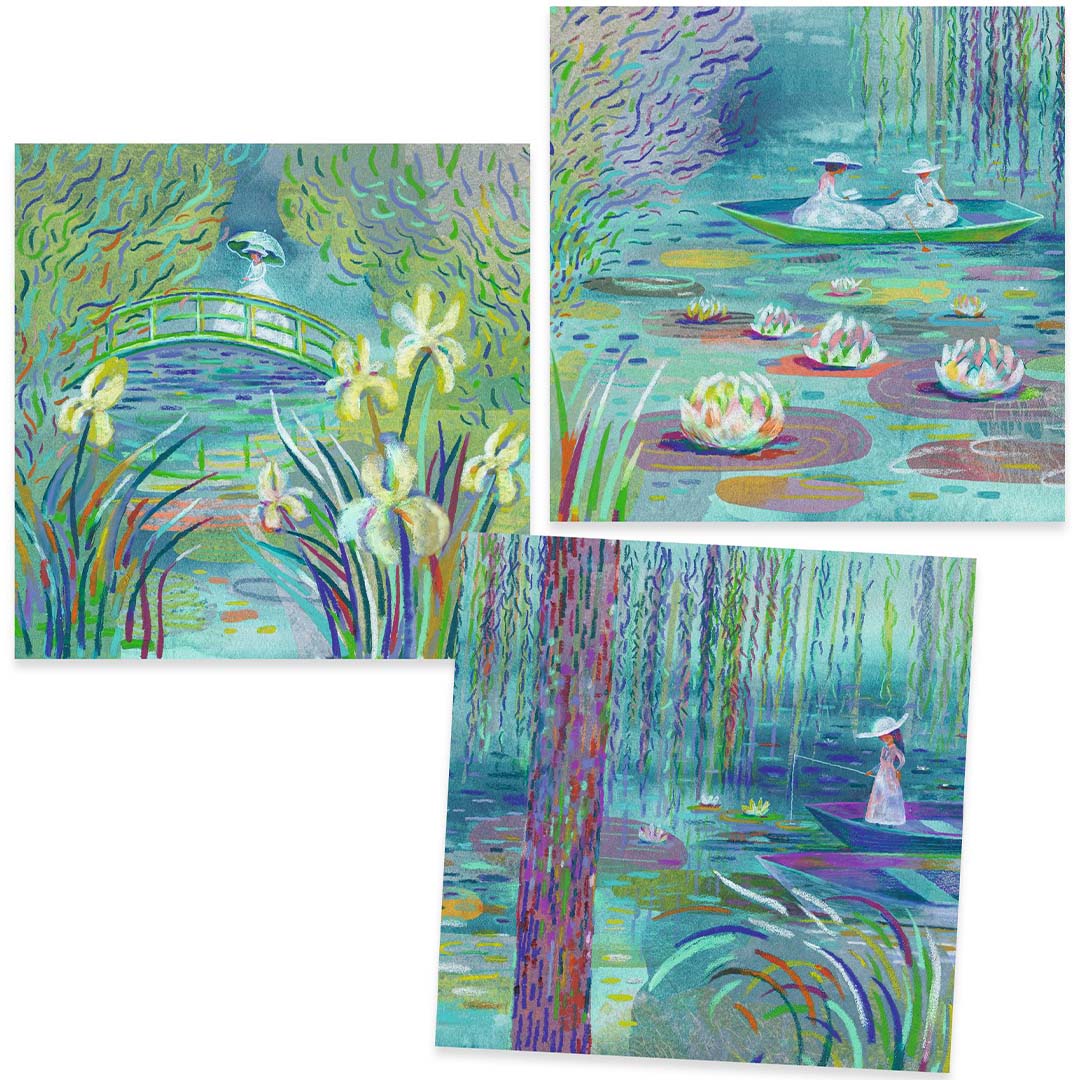 Drie voltooide schilderijen van de Djeco knutselset, geïnspireerd op Claude Monet, met waterlelies, bruggen en boten.